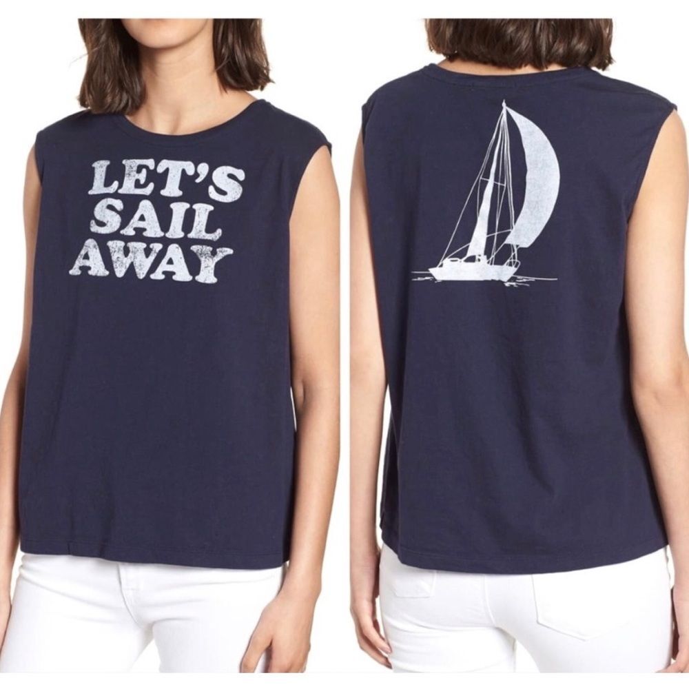 Rebecca Minkoff Navy Graphic Let's Sail Away Muscle Tee Size Medium Coastal Chic